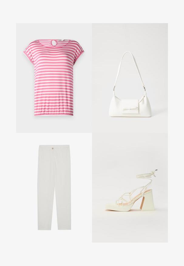 Roosa ja valge triibuline lühikeste varrukatega särk ümmarguse kaelusega ja võtmeaugu avaga taga. Pehme materjal ja elastne äär.; Valged kohandatud püksid sirge lõikega, varustatud nupuga kinnitusega, vöödega ja küljetaskutega; sile kangatekstuur.; Valged kõrge kontsaga sandaalid, millel on paks konts ja rihmadega disain koos pahkluu sidumisega. Sile tekstuur ja platvorm ees, et lisada kõrgust.; Valge sünteetilisest materjalist kott kolmnurkse kujuga, lame esiklapiga ja kaaredetailiga, reguleeritava rihmaga, sileda tekstuuriga ja minimalistliku disainiga.