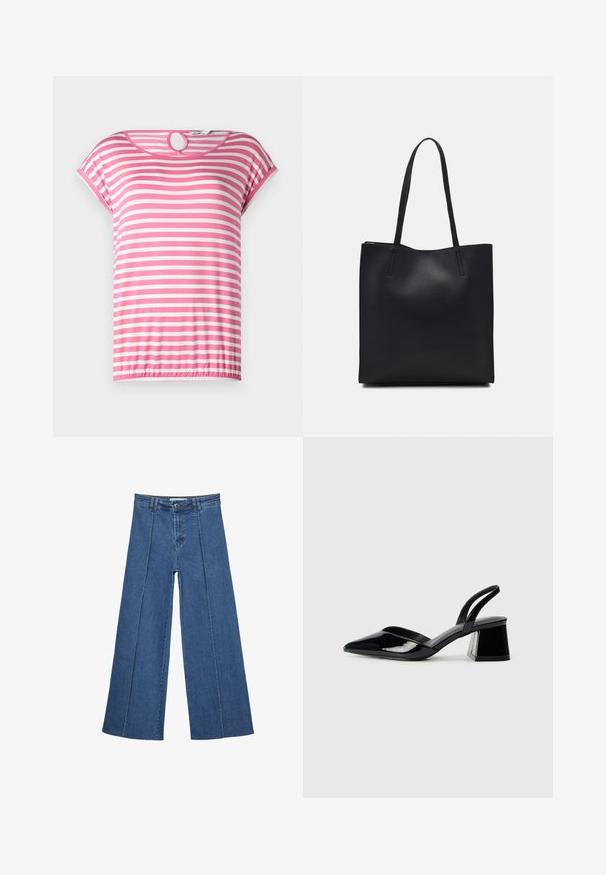 Ružovo-biele pruhované krátke rukávy s okrúhlym výstrihom a očkom vzadu. Mäkká tkanina a elastický lem.; Rovné džínsy s širokými nohavicami v strednom modrom odtieni, so zvýšeným pásom, zapínaním na gombík a kontrastnými vertikálnymi švami pozdĺž prednej strany.; Čierne lakované kožené sandálové podpätky s špicatou špičkou a geometrickým blokovým podpätkom. Disponujú elegantným, minimalistickým dizajnom a hladkým povrchom.; Čierna kožená taška na rameno s hladkým povrchom, obdĺžnikovým tvarom a dvoma dlhými uchami. Bez viditeľného kovania alebo ozdôb.