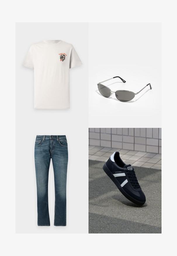 Svijetlosmeđi pamučni majica s okruglim izrezom i kratkim rukavima, s grafikom crnog psa i natpisom "RIDE the RAILS" u narančastoj boji.; Plave traperice sa ravnim krojem, izblijedjelim pranjem, pet dzepova i kontrastnim šavovima. Zatvaranje na dugme i patentni zatvarač.; Crne kožne tenisice s bijelim prugama, strukturirana gumena potplate i vezanjem sprijeda. Ima oznaku brenda na jeziku.; Naočale s modernim srebrnim metalnim okvirom, sivo zaštićenim lećama i aerodinamičnim dizajnom sa oštrim ivicama i tankim nogicama.