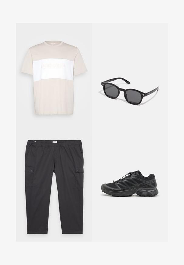 Beżowa bawełniana koszulka z białą poziomą wstawką. Posiada okrągły dekolt i subtelne wytłoczone logo na klatce piersiowej. Krótkie rękawy.; Czarne spodnie cargo z elastycznym pasem, bocznymi kieszeniami i zapięciami na napy. Wykonane z lekkiego, gładkiego materiału.; Czarny but biegowy z siateczkowym i syntetycznym wierzchem, elastyczną podeszwą oraz elastycznymi sznurówkami. Oferuje amortyzującą podeszwę środkową dla komfortu.; Czarne owalne okulary przeciwsłoneczne z ciemnymi szkłami, grubymi oprawkami i srebrnymi kropkami na bokach. Gładki materiał plastikowy, nowoczesny design.