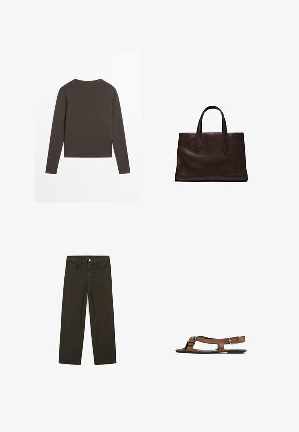 Langsleeve, ronde hals t-shirt van donkerbruin katoen. Vloeiende textuur met een rechte zoom en zijsplitten aan de onderkant.; Donkergroene wijde jeans van een katoenmix, met een sluiting met een voorste knop, vijf zakken en klassieke denimstiksels.; Bruine leren sandaal met een open teen en zijuitsparingen. Voorzien van een enkelband met een metalen gesp en een platte zool.; Bruine leren tote bag met twee verlengde handvatten, gestructureerde rechthoekige vorm, gladde textuur en subtiele stiksels.