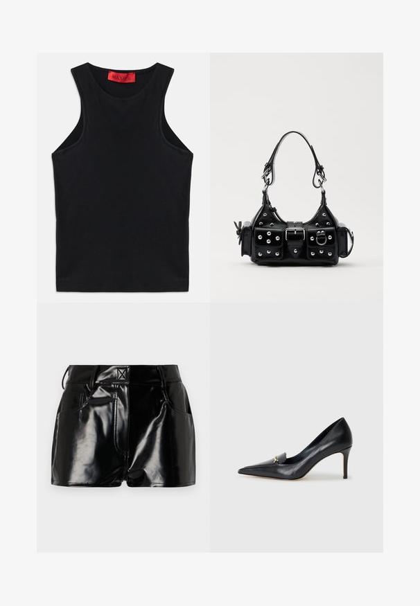 Črna brezrokavna majica, natančno izdelana iz mehke bombažne tkanine. Ima okroglo ovratnik in standardni rob. Preprost dizajn, brez vidnih vzorcev ali dodatkov.; Črne, sijoče kratke hlače iz sintetičnega materiala. Imajo prilegajoč pas, zanke za pas in sprednje žepe z izrazitimi šivi.; Črne usnjene pumpe s špicastim nosom, nizkim vampom in dekorativnim zlatim akcentom. Imajo stiletto peto in gladko teksturo.; Črna usnjena torbica s ukrivljenim dizajnom, ki vsebuje srebrne žebljičke, zaponko in dve stranski žepki. Nastavljiv trak za različne možnosti nošenja.
