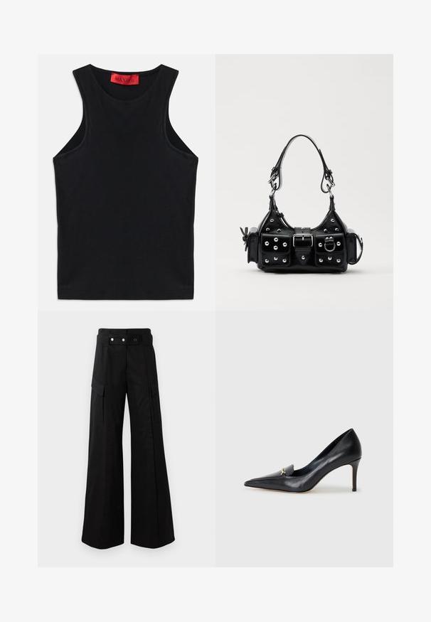 Black sleeveless top made from soft cotton. Features a round neckline and standard hem. Simple design, no visible patterns or accents.; Black wide-leg pants with a high waistband, featuring large side pockets, two front buttons, and a loop detail. Made from sturdy fabric.; Black leather pump with a pointed toe, low-cut vamp, and a decorative gold accent. Features a stiletto heel and smooth texture.; Black leather handbag with a curved design, featuring silver studs, a buckle, and two side pockets. Adjustable strap for carrying options.