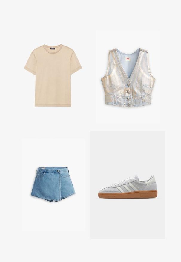 Kortärmad beige t-shirt i mjukt tyg. Har rund halsringning och synlig sömnad längs kanterna. Enkla och minimalistiska design.; Ljusblå denimkort väst med V-ringning, metallisk glans, femknappsöppning och två framfickor; övergripande slät struktur.; Jeansshorts i ljusblått, med en omslagdesign, framfickor och metallknappslutning. Snygg textur med sydda kanter.; Ljusgrå mockasnörsko med vita läderdetaljer, tre vita ränder och en brun gummisula, med en vadderad krage för extra komfort.