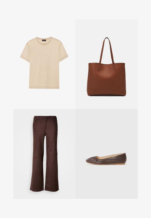 Īsām piedurkņu beisga T-krekls, kas izgatavots no mīksta auduma. Tam ir apaļa kakla izgriezums un redzama stitchēšana malās. Vienkāršs un minimālistisks dizains.; Brūnas platās bikses no mīksta, zamšveida auduma. Tās ir aprīkotas ar četrām kabatām, pogām un gludu, teksturētu virsmu.; Brūnas ādas baleta kurpes ar noapaļotu purngalu, savilktām detaļām priekšā un platu, gaišas krāsas zoli.; Brūna ādas iepirkumu soma ar gludu tekstūru, atvērta augšdaļa un divas plecu siksnas. Izceļas ar minimālām šuvēm un redzamu aparatūru nav.