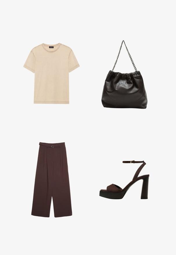 Vaaleanbeige lyhythihainen t-paita, joka on valmistettu pehmeästä kankaasta. Ominaisuuksiin kuuluu pyöreä kaula-aukko ja näkyvät saumat reunoilla. Yksinkertainen ja minimalistinen muotoilu.; Stradivarius WIDE-LEG WITH BUCKLE DETAIL - Housut - dark brown; Ruske kožne sandale s visokom potpeticom, otvorenim prstima, podesivim kopčanjem oko gležnja i prugastim platformskim đonom.; Ruskea nahkainen laukku, jossa on kerätty yläosa ja ketjuhihna. Tasainen pinta, jossa kiiltävä viimeistely ja hienovaraiset sauman yksityiskohdat sivuilla.
