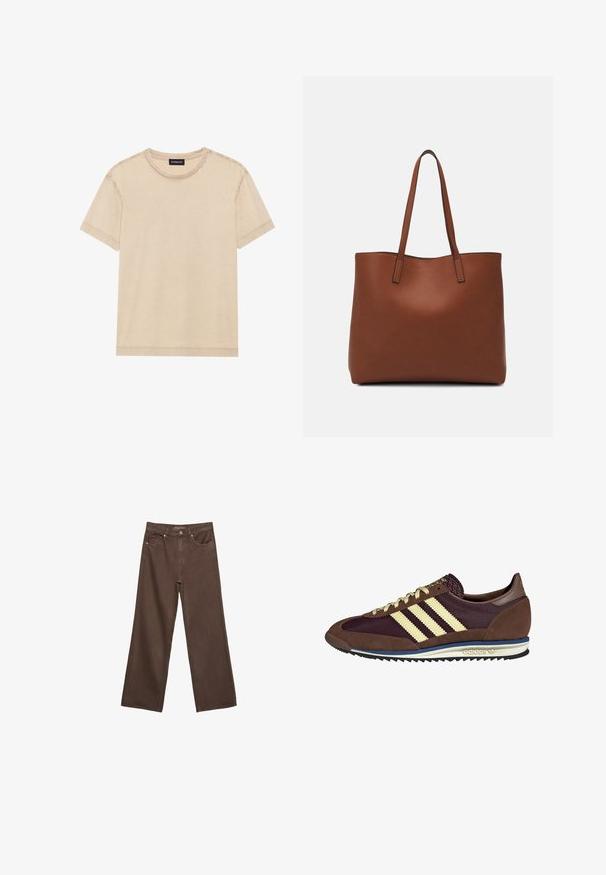 Bež majica s kratkimi rokavi, narejena iz mehkega blaga. Ima okroglo ovratnico in vidno šivanje ob robovih. Preprost in minimalističen dizajn.; Široke rjave kavbojke iz denima, ki imajo visok pas, sprednje žepe in klasično zapiranje na gumb. Gladka tekstura s subtilnim šivom.; Rjavi in rdeče-burgundske teniske iz usnja in mrežastega materiala, ki imajo tri smetane stripe, teksturirano blago na jeziku in gumijast podplat.; Rjava usnjena torba z gladko teksturo, odprto zasnovo zgoraj in dvema naramnima trakovoma. Opremljena je z minimalnim šivanjem in brez vidnih kovinskih delov.