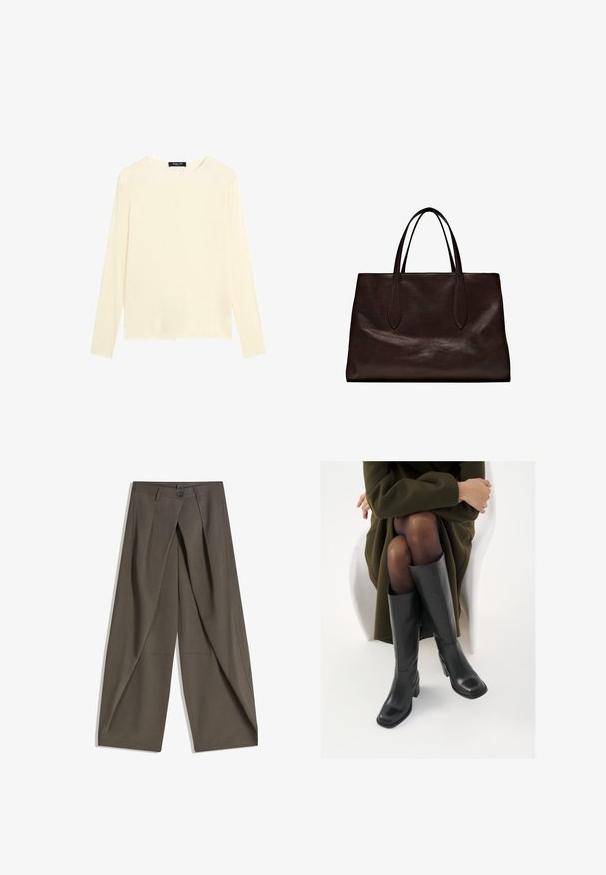 Krémová dámská halenka s dlouhým rukávem, kulatým výstřihem, jednoduchým designem a štítkem Massimo Dutti na vnitřním límci.; Kalhoty s širokými nohavicemi vyrobené z texturované tkaniny tmavě šedé barvy. Obsahují přední záhyb, zapínání na knoflík a boční kapsy pro praktičnost.; Černé kožené boty po kolena s hranatou špičkou a blokovým podpatkem, předvedené na modelce sedící v olivově zeleném kabátu. Hladký povrch, minimalizované detaily.; Massimo Dutti Kabelka - brown