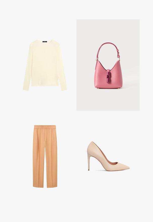 Crème-kleurige lange mouwen vrouwen top met ronde hals, effen ontwerp en het Massimo Dutti-label aan de binnenkant van de kraag.; Perzikkleurige wijde broek, gemaakt van zacht materiaal, met een elastische tailleband en rechte pasvorm voor een ontspannen fit.; Beige leren hoge hak pumps met een spitse neus en een gladde textuur. Beschikt over een slanke stilettohak en een lage vampontwerp.; Roze leren handtas met een gestructureerde vorm, voorzien van een glanzende sluiting en een enkele verstelbare schouderband. Getextureerde afwerking met gouden hardware.