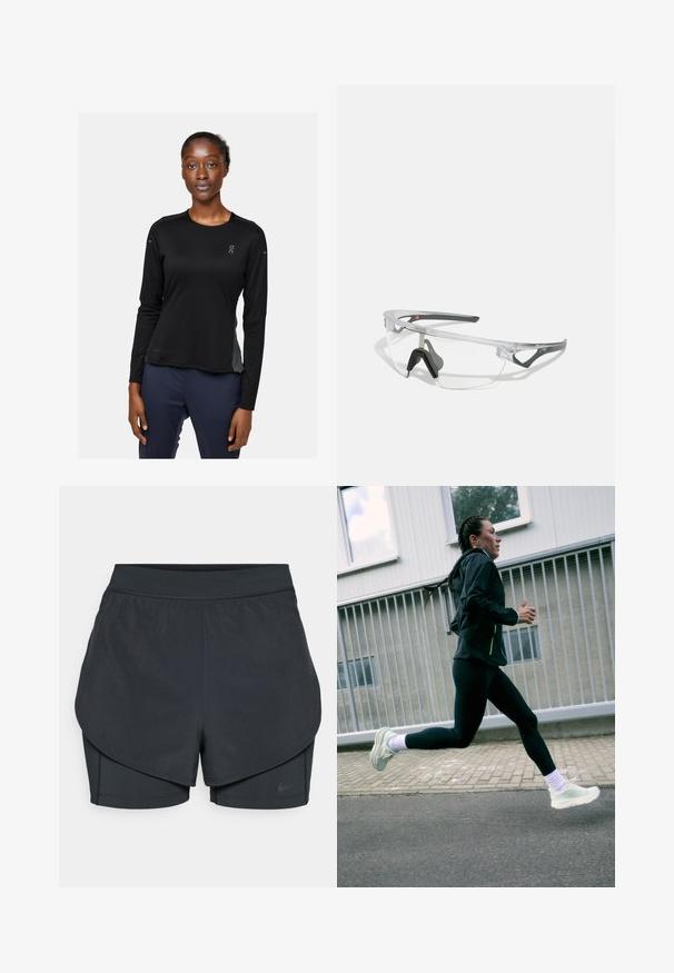 Maglietta sportiva nera a maniche lunghe con etichetta in tessuto "DRYTEC™." Presenta un collo rotondo, una superficie morbida e un logo sul lato sinistro del petto e sulla manica.; Shorts sportivi neri con un design a strati, caratterizzati da uno strato esterno morbido e da pantaloni interni aderenti. Realizzati in tessuto leggero e elasticizzato.; Scarpe da corsa verde chiaro con suola texture, abbinati a leggings neri e una giacca nera. Il corridore è a metà passo su una superficie asfaltata.; Occhiali di sicurezza trasparenti con una montatura leggera e trasparente e accenti grigi. Presentano un design avvolgente e un supporto per il naso regolabile.