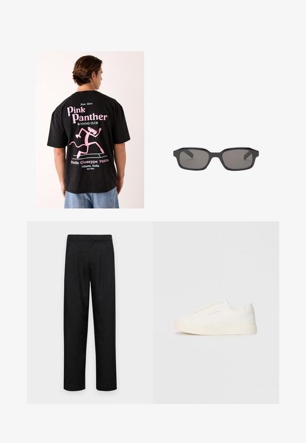 Schwarzes Baumwoll-T-Shirt mit einem großen pinkfarbenen Motiv des rennenden Pink Panther, dazu der Text „San Siro Pink Panther Running Club“.; Schwarze Hose aus glattem Stoff, mit geradem Bein Design, zwei vorderen Falten und einem Standardbund mit Gürtelschlaufen.; Weiße Slip-On-Sneaker mit einer strukturierten Oberfläche, dicker Sohle und minimalistischem Design. Mit Logo der Marke an der Seite.; Schwarze rechteckige Sonnenbrille mit dunkelgrauen Gläsern, ausgestattet mit einem dicken Kunststoffrahmen und glatter Oberfläche. Keine sichtbare Markenkennung.