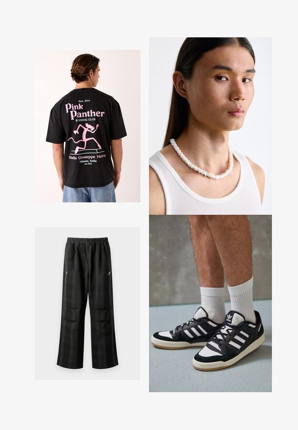 Črna bombažna majica s prikupnim rožnatim motivom Pink Panther, ki teče, z napisom "San Siro Pink Panther Running Club."; Črne karirane hlače z elastičnim pasom, dvema sprednjima žepoma in ohlapnim krojem s pravimi nogavicami. Narejene so iz lahke tkanine.; Črno-bele superge z zgornjim delom iz usnja in nubuka, ki imajo tri bele črte, perforiran vrh prstov in podplat iz gume.; Bela ogrlica iz školjki, sastavljena od nepravilnih oblika, nošena preko pripijenog bijelog topa. S smooth teksturom i suptilnim sjajem, blisko prilagođenog dizajna.