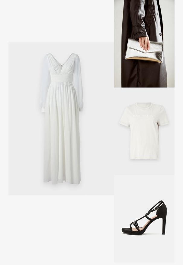 T-shirt en coton couleur crème avec col rond, manches courtes et un texte graphique à l'avant : "TOM TAILOR EST. 1962" en impression claire.; Robe longue blanche avec un décolleté en V, un corsage ajusté et une jupe fluide. Elle possède de longues manches transparentes et une fermeture éclair dans le dos. Texture lisse.; Sandale à talons hauts en suede noir avec des brides croisées, un accent décoratif en métal argenté et une semelle à plateforme pour plus de hauteur.; Pochette métallique argentée avec un design d'enveloppe angulaire, texture lisse et couleur intérieure contrastante, tenue dans une main portant un manteau noir.