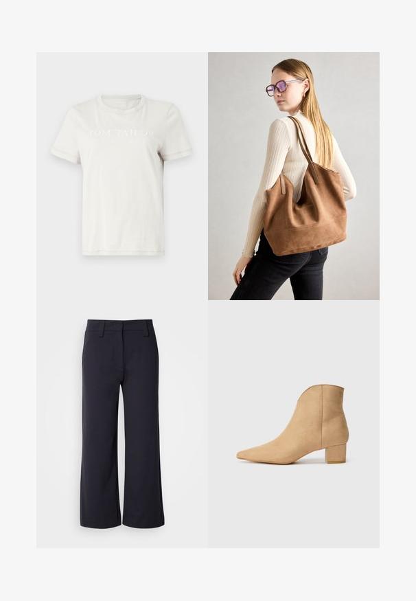 Havrefarvet bomulds t-shirt med rund hals, korte ærmer og grafisk tekst foran: "TOM TAILOR EST. 1962" i lys skrift.; Bredbenta bukser i mørkeblå stof. Har en glat front, bæltestropper og sidelommer. Materialet er glat med en let stræk.; Beige ruskinds ankelstøvle med spids tå og kort blokhæl. Glat tekstur med minimal detaljer og en ren, enkel silhuet.; Brun ruskind tote taske med blød tekstur, stor åbning og lange stropper. Har et enkelt design med synlige syninger og ingen hardware.