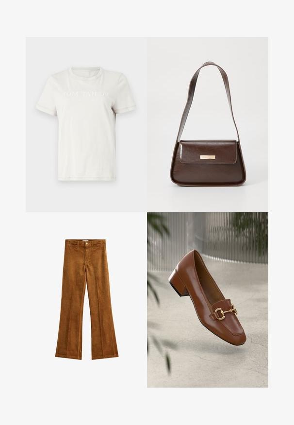 Kremno barvana bombažna majica z okroglo ovratnikom, kratkimi rokavi in sprednjim grafičnim napisom: "TOM TAILOR EST. 1962" v svetli barvi.; Rjave kordurojske hlače na zvon, z teksturirano obdelavo, pet žepov in zapenjanjem na gumb. Ravan pas z zankami za pas in širok kroj nog.; Rjavi lakirani loafer z kvadratnim nosom, kovinsko verigo kot okrasom in nizko blok podplatom; gladka tekstura, minimalističen dizajn.; Rjava usnjena torba za ramo z urejeno obliko, ki ima magnetno zapiranje na pokrovu in kovinski logotip na sprednji strani.