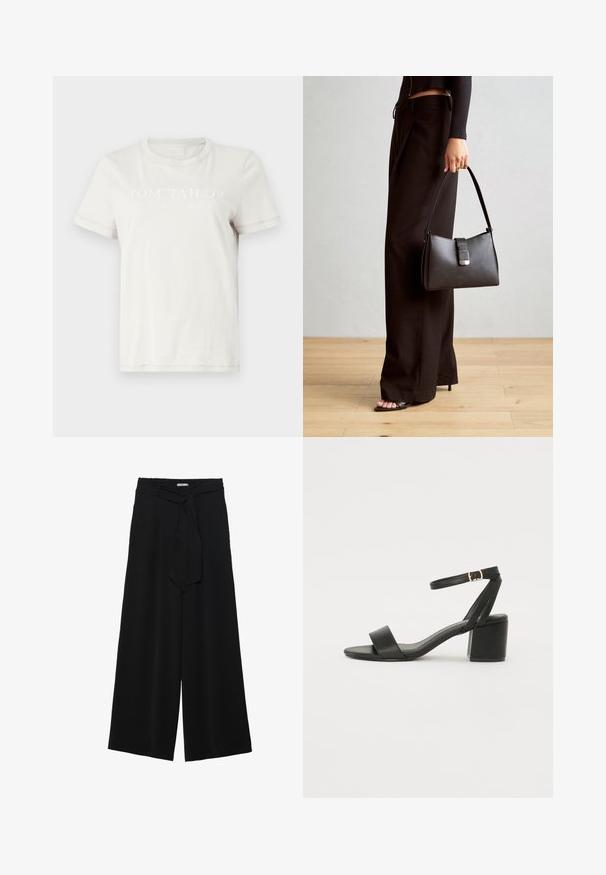Krémové bavlnené tričko s okrúhlym výstrihom, krátkymi rukávmi a predným grafickým textom: "TOM TAILOR EST. 1962" v svetlom potlači.; Čierne široké nohavice s textúrovanou tkaninou, elastickým pásom a odnímateľným viazaním na páse pre nastaviteľné priliehanie.; Čierne sandále na podpätku so hladkým koženým vrchom, otvorenou špičkou, širokými prednými prúžkami a nastaviteľným členkovým popruhom so zlatým prackom.; Čierna kabelka so štruktúrovaným tvarom, hladkou textúrou a kovovou sponou. V kombinácii so širokými čiernymi nohavicami a sandálmi s otvorenou špičkou na drevenej podlahe.