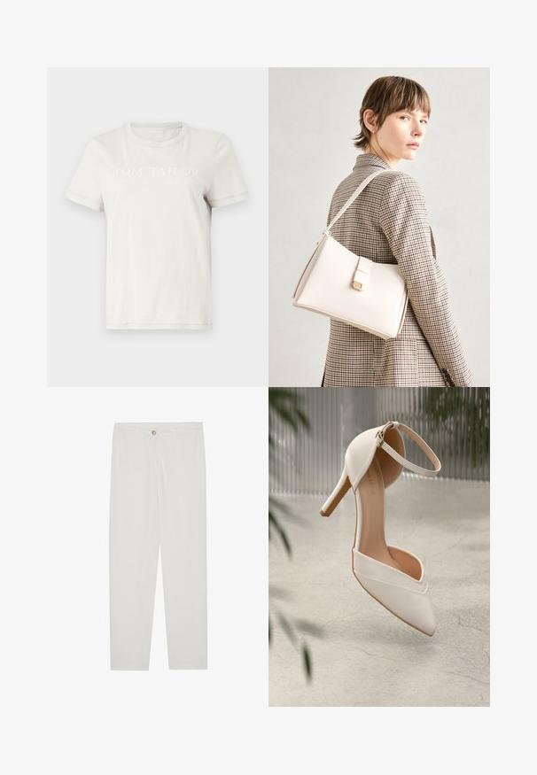 Krēmkrāsas kokvilnas T-krekls ar apaļu kakla izgriezumu, īsām piedurknēm un priekšējo grafiku ar tekstu: "TOM TAILOR EST. 1962" gaišā drukā.; Baltas, pielāgots bikses ar taisnu kāju dizainu, ar pogu aizdari, jostu cilpām un sānu kabatām; gluda auduma tekstūra.; Balta augstpapēžu kurpe gludā materiālā ar smailu purngalu un potītes siksniņu. Iekšpuse ir gaiši brūna, un ir zelta tonī detalizējumi.; Balta ādas rokassoma ar strukturētu dizainu, kurai ir magnētiska aizdare un plecu josta, parādīta uz neitrāla fona.