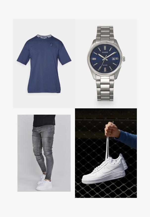 Marineblaue Baumwoll-T-Shirt mit kurzen Ärmeln, mit einem Rundhalsausschnitt und einem "Just Do It"-Textband sowie einem gestickten Logo auf der Brust.; Schlanke Jeans aus ausgebleichtem grauem Denim, mit abgenutzten Details an den Knien, kombiniert mit weißen Sneakers. Glatte Textur, schlanker Schnitt.; Weiße Leder-Sneaker mit Perforationen, runder Zehenpartie, flacher Sohle und dicken Schnürsenkeln, mit sichtbar eingesticktem Swoosh-Logo und "AIR" an der Ferse.; Silberner Armbanduhr aus Edelstahl mit einem dunkelblauen Zifferblatt, metallischen Stundenmarkierungen und einem Datumsfenster bei 3 Uhr. Wasserdicht bis 50 Meter.