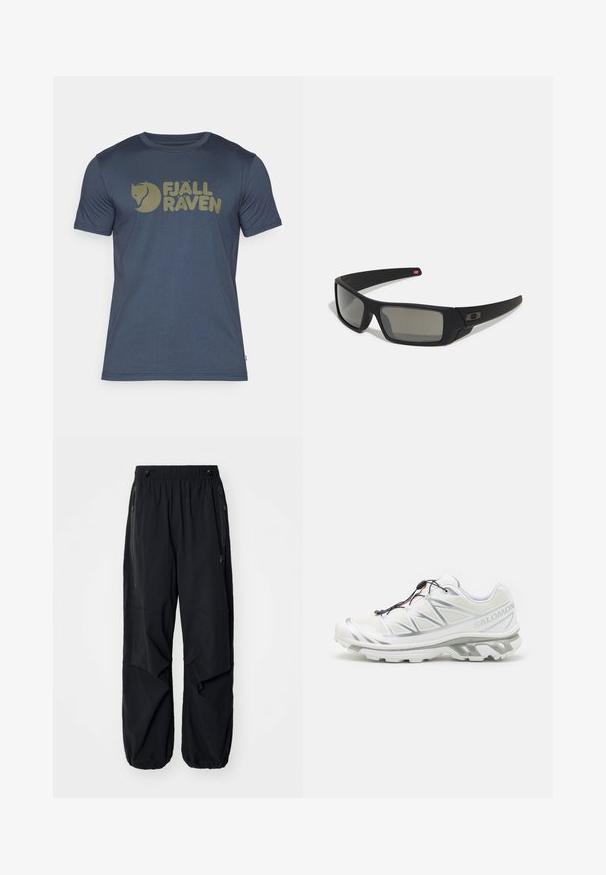 Īsām piedurkņu tumši zila T-krekls, izgatavots no mīksta auduma, ar lielu, kontrastējošu gaiši brūnu logo, kas ietver stilizētu lapu un zīmola nosaukumu.; Melnas vieglas kravas bikses ar elastīgu jostu, sānu rāvējslēdzējiem un plašām kabatām. Izaicinājumu veido brīvi pieguļoša piegriezne un sašaurināti aproces.; Balti sporta apavi ar teksturētu augšdaļu, atstarojošām akcentiem un pelēku zoli. Iekļauj izteiktas trīsstūrveida formas un ātras auklu sistēmu.; Melni saulesbrilles ar matētu apdari, taisnstūra lēcām, nedaudz izliektiem tempļiem, smalkiem logotipa elementiem un dūmu nokrāsas lēcām.