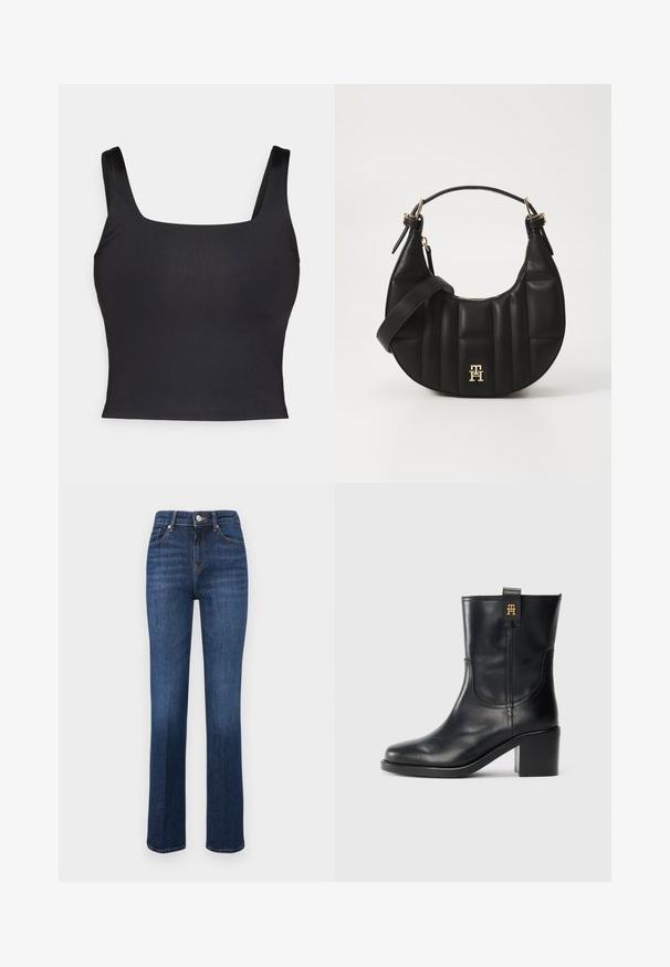 Svart crop top med firkantet utringning og brede skulderstropper. Laget av glatt, elastisk stoff med en tettsittende silhuett. Ingen pynt.; Mørkeblå bootcut-jeans med fem lommer og knappelukking foran, lagt flatt på hvit bakgrunn.; Sorte lærmidikalv støvler med blokkkilt og gull "TH" logo på drahank mot hvit bakgrunn.; Svart skinnhåndveske med en buet form, kviltet tekstur og gullhardware. Har en avtagbar skulderrem og logo-detaljer.