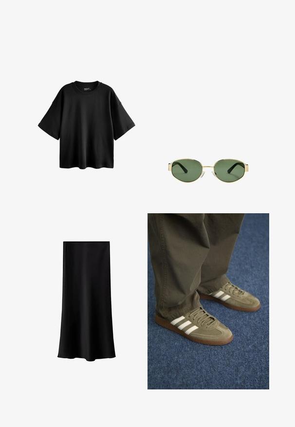 Svart oversized t-shirt med kort ärm tillverkad av bomull med rund hals och avslappnad passform. Slät textur med minimal sömnad.; Svart midikjol i mjukt och lätt tyg. Har rak skärning, ingen synlig hårdvara och en enkel design utan mönster.; Gröna mockaskor med tre vita ränder, brun gummisula och texturerade snörningar, kombinerade med olivgröna byxor på en blå matta.; Guldmetallramade solglasögon med gröna tonade linser, oval form, svarta skalmar och klara näsaskar. Rent, minimalistiskt design.; Olivgrön tote-väska med dubbla handtag, slät yta och en metallogotyp. Rundad form med sidopaneler; tillsammans med blå byxor.