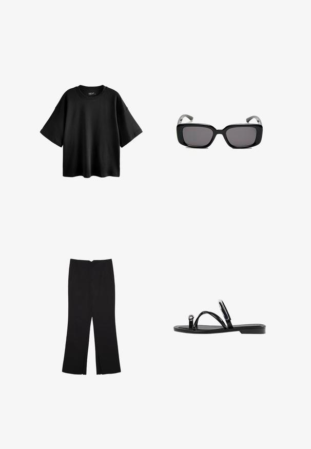 Schwarzes, übergroßes T-Shirt mit kurzen Ärmeln aus Baumwolle, mit Rundhalsausschnitt und lässiger Passform. Angenehme Textur mit minimalen Nähten.; Schwarze Hose mit geradem Schnitt, ausgestattet mit Fronttaschen und Seitenschlitzen am Saum. Hergestellt aus weichem, glattem Stoff. Geeignet für verschiedene Anlässe.; Schwarze flache Sandalen mit glänzender Oberfläche, drei dünnen Riemen und einem runden Hardware-Detail an den Zehen. Elegantes Design mit einem minimalen Absatz.; Schwarze rechteckige Sonnenbrille mit dunklen Gläsern, glattem Kunststoffrahmen und gebogenen Bügeln. Das Design ist klobig mit einer minimalistischen Ästhetik.