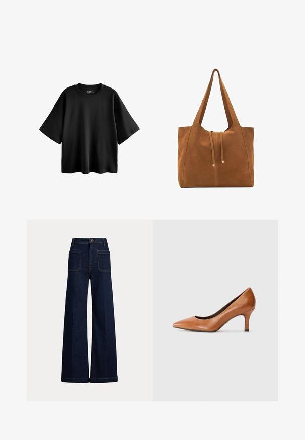 Černé oversized tričko s krátkým rukávem vyrobené z bavlny, s kulatým výstřihem a uvolněným střihem. Hladká textura s minimem švů.; Široké tmavě modré džíny s vysokým pasem, designem se pěti kapsami a kontrastním šitím. Disponují zapínáním na knoflík a mají strukturovaný tvar.; Tamaris Klasické lodičky - cognac; Hnědá semišová taška s dvěma dlouhými popruhy, stahovací šňůrkou a minimalistickým designem. Hladký povrch a žádné viditelné kovové akcenty.
