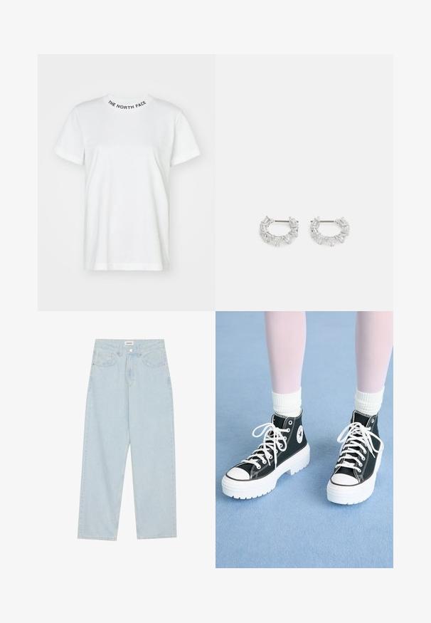 Hvit bomull t-skjorte med rund hals og "THE NORTH FACE" i svart skrift. Korte ermer og en avslappet passform.; Lys blå vide jeans laget av denim, med middels høyde på livet, fem lommer og en knappelukking med en slank metalldetalj.; Svarte høyde sneakers med hvite såler og snøring, med et rundt logo på siden og kontrastfarget svart søm. Teksturert stoffoverdel.; Sølv hoop-øreringer med rektangulære og trekantede klare krystaller arrangert i et sirkulært mønster med en sentral stift for festing.