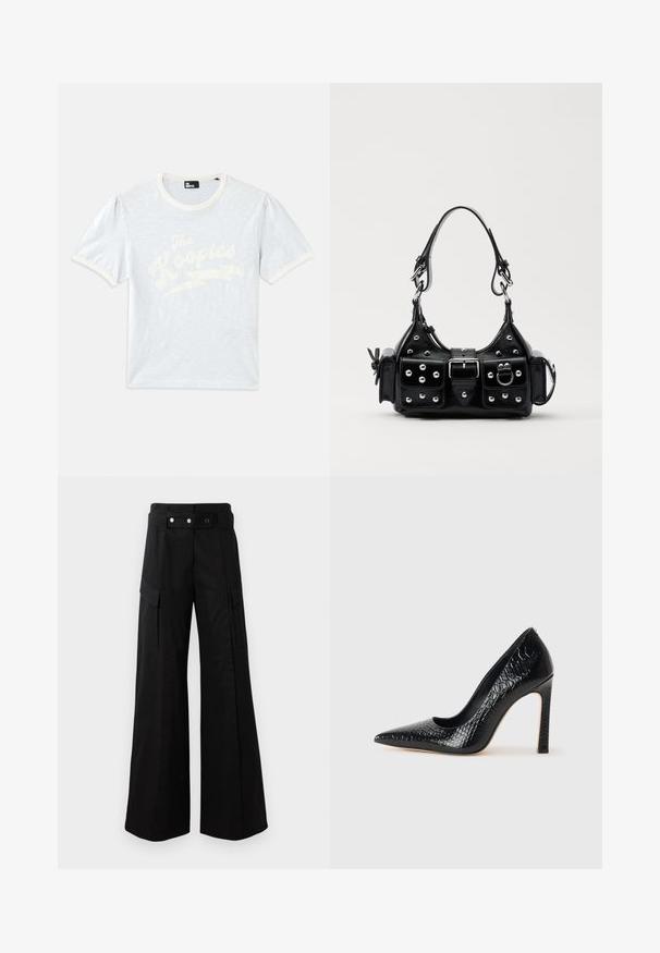 Svijetloplava majica s kratkim rukavima i kremastim ovratnikom, s napučenim rukavima, s bijelim natpisom "The Kooples" i dizajnom munje.; Črne široke hlače z visokim pasom, ki imajo velike stranske žepe, dva sprednja gumba in detajl z zanko. Narejene iz trdne tkanine.; Črne čevlje z visoko peto in konico v obliki puščice, z teksturo krokodilje kože, ki se ponašajo s sleek oblikovanjem, visokim stiletto peto in gladkim črnim notranjostjo.; Črna usnjena torbica s ukrivljenim dizajnom, ki vsebuje srebrne žebljičke, zaponko in dve stranski žepki. Nastavljiv trak za različne možnosti nošenja.