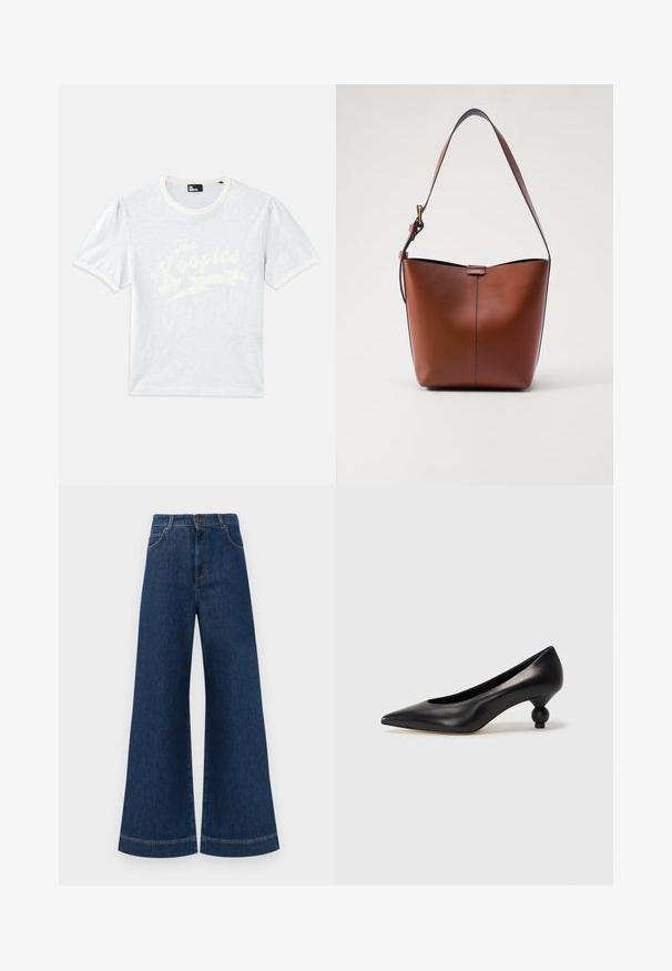 Light blue short-sleeve t-shirt with a cream collar and puffed sleeves, featuring white text "The Kooples" with lightning bolt design.; Wide-leg blue denim jeans with a high waist, featuring a button closure, belt loops, and subtle stitching details along the pockets and hems.; Black leather high heel shoe with a pointed toe and a round, balled heel. Smooth texture with a sleek, minimal design.; Brown leather shoulder bag with a curved shape, smooth texture, and a single thin strap. Features a subtle seam and a small logo detail.