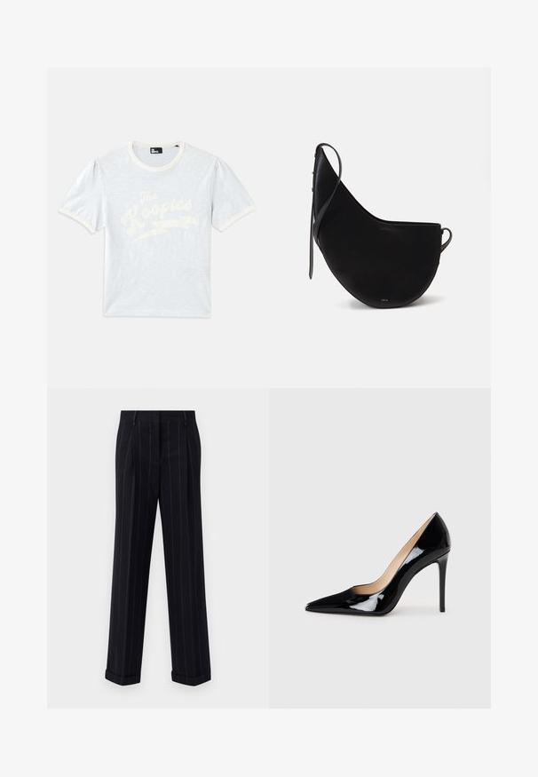 Camiseta de manga corta azul claro con cuello crema y mangas abullonadas, que presenta el texto blanco "The Kooples" con un diseño de rayo.; Pantalones a rayas negras con un corte ajustado, que cuentan con un dobladillo prensado y pliegues en la parte delantera. Fabricados con un tejido suave y un diseño estructurado.; Zapato de tacón alto de charol negro con un diseño de punta afilada y una silueta elegante. Presenta un acabado suave y brillante y un tacón de aguja esbelto.; Bolso de mano de piel negra con forma de luna curva, que presenta una correa delgada y un sutil logo dorado en la parte frontal. Textura suave con herrajes mínimos.