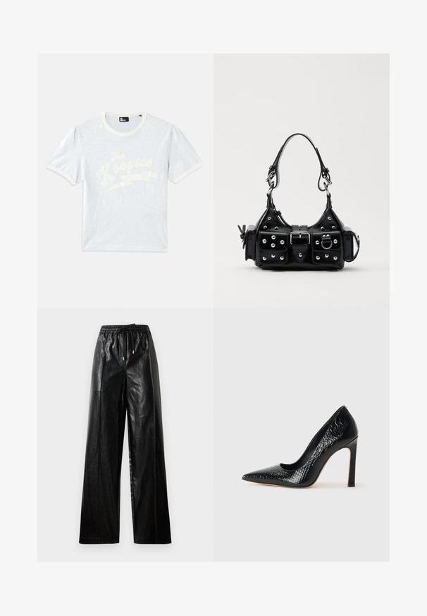 Šviesiai mėlynas trumpas rankovėmis marškinėliai su kreminiu apykakle ir pūstomis rankovėmis, su balta užrašu "The Kooples" ir žaibo simboliu.; Juodos odinės plačios kelnės su elastine juosta, raišteliu ir auksiniais akcentais. Lygus paviršius ir laisvas fasonas.; Juoda smailiakulnė aukšto kulno bateliai su krokodilo odos tekstūra, pasižymintys elegantišku dizainu, aukštu stiletu kulnu ir lygia juoda vidine dalimi.; Juodas odinis rankinukas su kreiviu dizainu, su sidabro spalvos knopkėmis, užsegimu ir dviem šoninėmis kišenėmis. Reguliuojama dirželis nešimui.