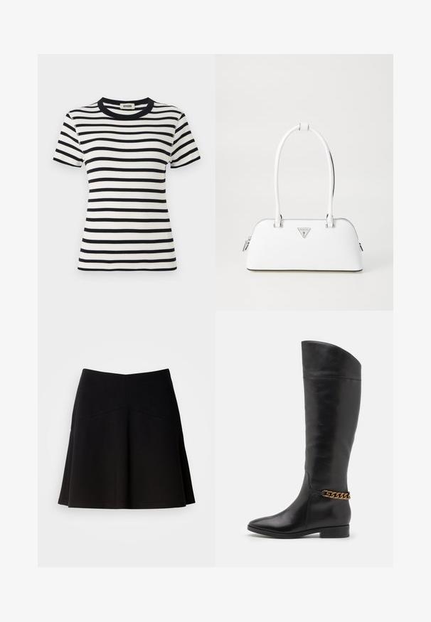 Black and white striped short-sleeve t-shirt with a round ribbed neckline and a fitted design. The fabric appears textured and stretchy.; Black flared skirt made from soft fabric, featuring a fitted waistband and seam detailing. Smooth texture with a simple, classic design.; Tall black leather boots with a sleek design, pointed toe, and a gold chain accent at the ankle. Low block heel. Smooth texture.; White leather handbag with a curved shape, featuring a silver triangular logo and zipper closure. Smooth texture and dual handles.