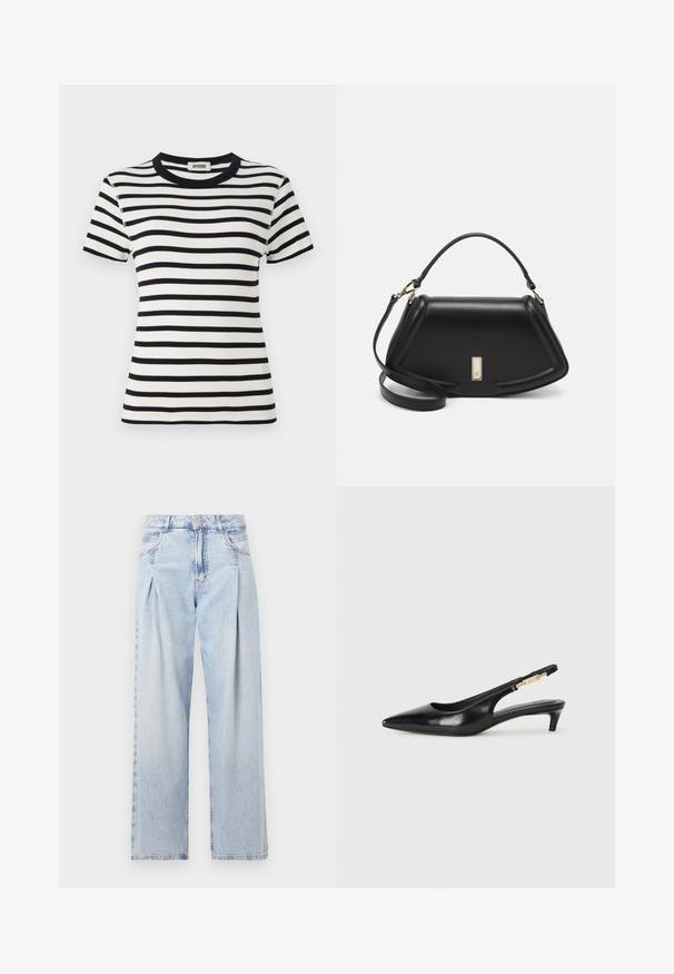 Zwart-witte gestreepte kortemouwen t-shirt met een ronde ribgebreide halslijn en een strakke pasvorm. De stof lijkt gestructureerd en rekbaar.; Lichtblauwe denim jeans met een hoge taille, wijde pijpen, twee zijzakken en geplooid ontwerp. Zachte textuur met een vervaagd uiterlijk.; Zwarte leren slingback hakken met een spitse neus, voorzien van een slanke hak en een goudkleurige accent op de verstelbare band. Gladde textuur.; Zwarte leren handtas met een gestructureerd ontwerp, featuring een verkorte vorm, bovenhandvat en gouden hardwareaccent. Inclusief verstelbare schouderband.