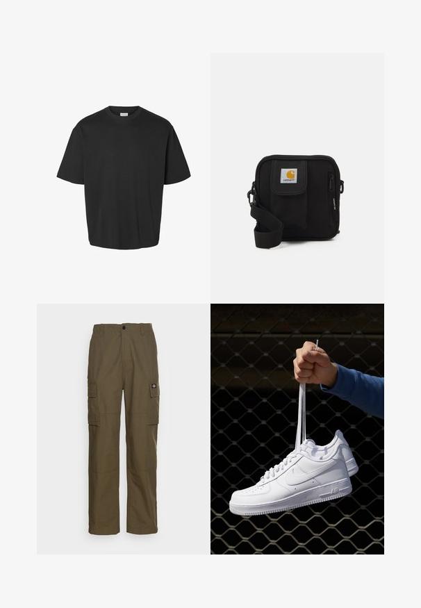 T-shirt preto de mangas curtas feito de algodão suave. Apresenta um corte solto, gola redonda e um design simples, sem padrões ou detalhes visíveis.; Calças cargo em verde oliva, feitas de um tecido resistente. Apresentam dois bolsos laterais, uma cintura padrão e um corte de perna reta.; Sapatilhas de couro branco com perfurações, biqueira redonda, sola plana e atacadores grossos, apresentando um logotipo swoosh visível e "AIR" no calcanhar.; Bolsa transversal preta com um compartimento principal com fecho éclair, bolso frontal, alça ajustável e um logotipo visível na aba.