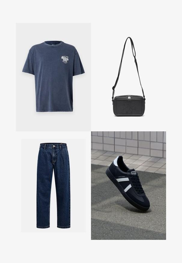 Mörkblå bomullströja med rund hals och korta ärmar. Har ett grafiskt tryck på vänster bröstområde. Mjuk, avslappnad passform.; Mörkblå denimjeans med rak bendesign. Har synliga sömmar, knappstängning och framträdande veck för extra detalj.; Svart lädersneaker med vita ränder, texturerad gummisul, och snörning fram. Har en märkesskylt på tungan.; Svart läder crossbody-väska med dragkedjestängning, präglad logga på framsidan och justerbar rem. Slät textur med rektangulär form.