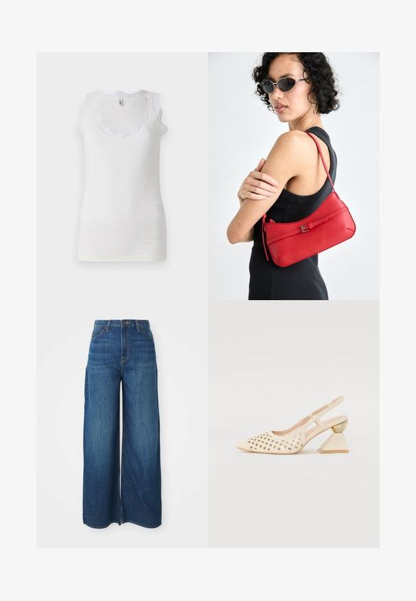 Débardeur blanc avec texture côtelée, bordure en dentelle festonnée le long de l'encolure et fines bretelles. Légère décoloration près du bas.; Blouse en dentelle blanche avec un col rond, des manches courtes bouffantes et un motif floral. Elle dispose d'une fermeture à boutons et d'un tissu transparent.; Jeans en denim bleu à taille haute et jambes larges avec poches avant, passants de ceinture, fermeture à bouton et coutures visibles sur un fond blanc.; Chaussure slingback beige avec tige perforée, bout pointu et un talon triangulaire contrastant avec une touche dorée. Texture lisse dans l'ensemble.; Sac à épaule en cuir rouge avec une texture lisse, un design courbé et un accent de boucle décorative. Bandoulière ajustable et fermeture à glissière.