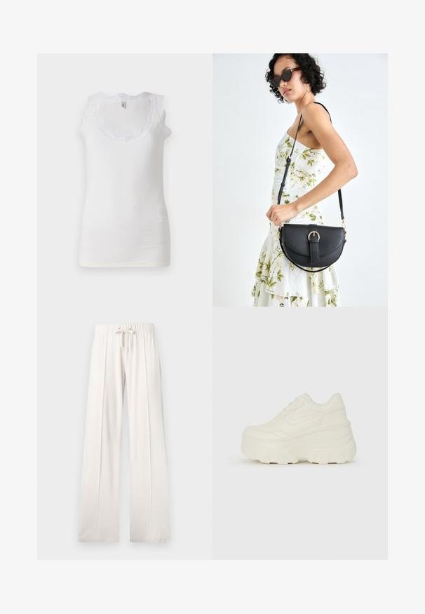Bílý tílko s vroubkovanou texturou, vlnitým krajkovým lemem kolem výstřihu a tenkými ramínky. Drobná změna barvy poblíž spodního okraje.; Světle béžové tepláky vyrobené z měkké látky, s pasem na šňůrku, širokými nohavicemi a vertikálními švy, s hladkým povrchem.; Bílé platformové tenisky s hladkým svrškem podobným kůži, zaobleným tvarem, polstrovaným límcem a texturovanou gumovou podrážkou s vyznačenými vzory.; Černá kožená kabelka s křivkovým tvarem, odnímatelným popruhem a zlatými detaily. Kabelka má klopu s přezkou.
