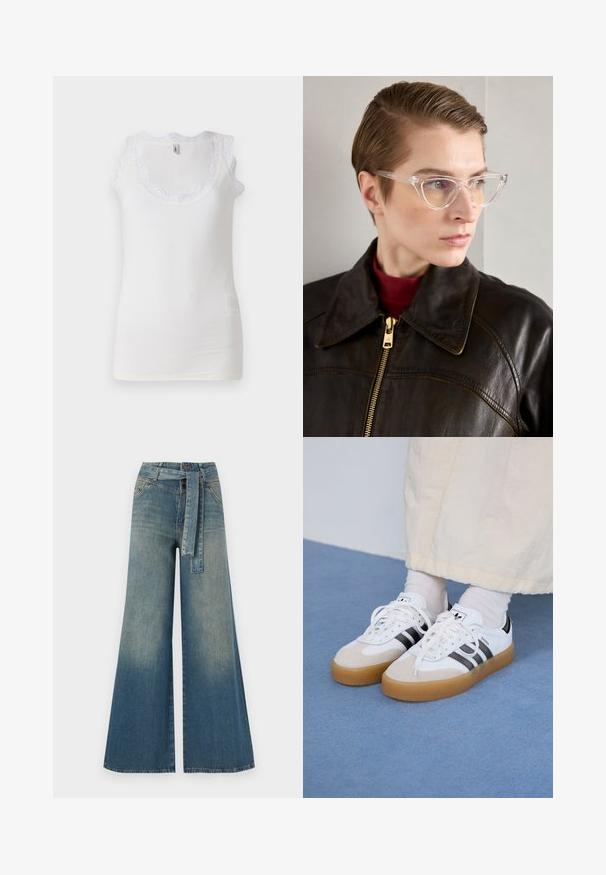 Fehér ujjatlan top, bordázott textúrával, fodros csipkebetéttel a nyakvonal mentén és vékony pántokkal. Enyhén elszíneződve az alján.; Bőszárú farmernadrág, világos és sötétkék árnyalatokkal, magas derekú, övgyűrűkkel és a nadrággal megegyező anyagú övvel. Textúrált farmer kivitel.; Fehér sportcipő fekete csíkokkal és bézs velúr részletekkel. Texturált gumi talppal és lapos fehér fűzőkkel rendelkezik, világos színű zoknival viselve.; Átlátszó acetát cica szemüveg sárga árnyalatú lencsékkel, sötét bőrkabátot és vörös garbót viselő személyen. Sima felület.