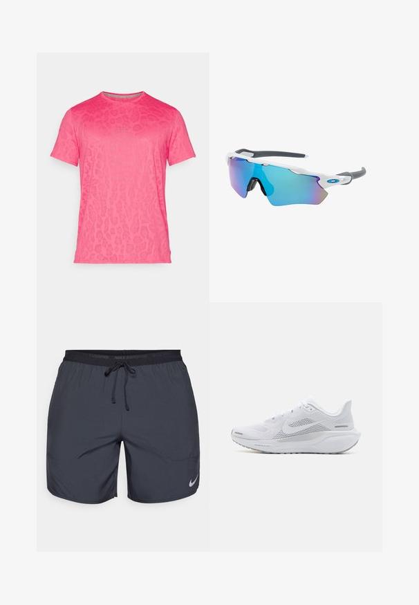 Nike Performance RISE RUN - Spordi T-särk - aster pink; Nike jooksulühikesed tumedashallid, elastse vöökoha ja paelaga, ning hõbedane logoaktsent paremas allnurgas.; Valge sportlik king, millel on võrgust pealne osa, sujuva tekstuuriga kattekiht, hallid aktsendid, sidemed ja pehmendatud tald, mis on mõeldud sooritusvõime jaoks.; Valged raamidega päikeseprillid, hallide aktsentidega ja siniste peegelprillidega. Sportlik disain, ümber keha kujundus ja reguleeritavad ninasillad.