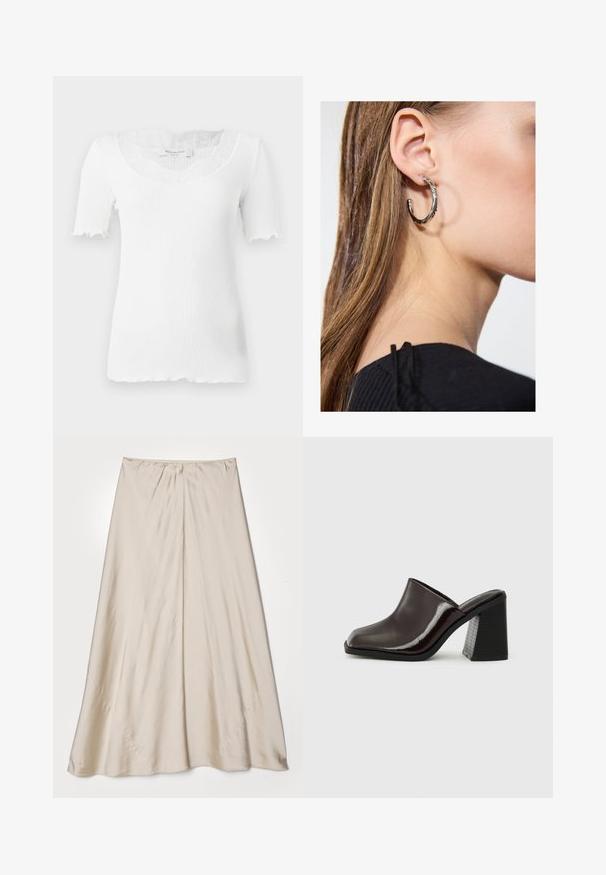 Valge ribaga lühikeste varrukatega topp, millel on laineline kaelus ja pitsdetail kaeluses. Lainelised servad käiste all.; Kreemja, satiinist seelik narmendava siluetiga. Omab kokku kogutud vöökoht ja õrna läiget, kaldus õmbluste ning vooluva langega.; Tumed burgundi nahkased moolid ruudukujulise varbaga, läikiva viimistluse ja chunky tekstureeritud musta kõrge kontsaga. Lihtne disain, libisemisvastane stiil.; Hõbedane rõngas kõrvarõngas poleeritud viimistlusega, millel on väikesed kuldsed aktsendid ja ümmargune kuju, kantud lobus.