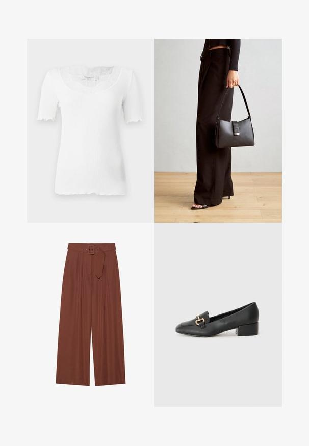 Baltas raišteliu margintas trumpas rankovėmis topas su banguota iškirpte ir nėrinių puošmenomis ant apykaklės. Banguoti kraštai ant rankovių galiukų.; Plačios kelnių kelnės rudos spalvos audinyje, su diržu su kvadratiniu sagtimi, klostuotų dizainu ir lygiu paviršiumi.; Juodi odiniai loaferiai su plokščiu kulnu, su dekoratyvia auksine detalės priekyje ir glotnia tekstūra.; Juodas rankinė struktūrizuota forma, lygi tekstūra ir metalinis užsegimas. Suporuota su plačiomis juodomis kelnėmis ir atvirais bateliais ant medinių grindų.