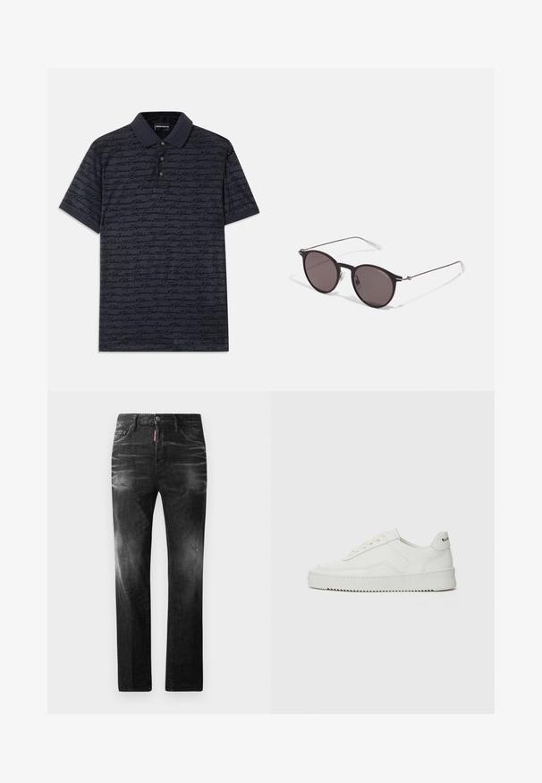 Tamsiai mėlynas polo marškinėliai su trumpomis rankovėmis, turintys tekstūruotą raštą su užrašytomis žodžiais tamsesnėje mėlynoje spalvoje. Mygtukų užsegimas ir kontrastingas apykaklė.; Juodi džinsai su tiesiu kirpimu. Spalvoti svyrantys plotai, šiek tiek sugadinti, klasikinis penkių kišenių dizainas ir mygtuko uždarymas.; Balti odiniai sportiniai bateliai su lygia apdaila, apvaliu pirštu, plokščiais raišteliais ir tekstūruotu padu. Pasižymi subtiliu logotipu ant kulno.; Juodos apvalios saulės akinių su tamsiais lęšiais ir plonomis metalinėmis šakomis. Įtraukti skaidrūs šventyklų galai ir sidabriniai akcentai vyrio srityje. Minimalistinis dizainas.