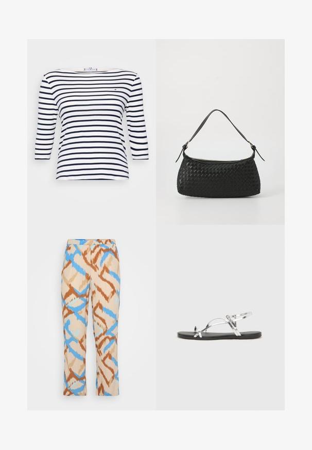 Jūrinis ir baltas dryžuotas marškinėliai, pagaminti iš medvilnės, su trimis ketvirtadaliais rankovių, plačiu apykaklė, ir maža logo ant krūtinės.; Beseniai džinsai bežinės spalvos, su mėlynos ir rudos abstrakčios nešimo dizainu. Pagaminti iš lengvos medžiagos, su tiesiu kirpimu.; Sidabriniai metaliniai sandalai su minimalistiniu dizainu, turintys plonas dirželius ir juodą plokščią padą. Išskirtinai pabrėžiami kryžminiai dirželių akcentai.; Juodas nėriniuotas peties krepšys su lygaus odos dirželiu ir užtrauktuku. Yra tekstūruotas paviršius ir išgaubta forma.