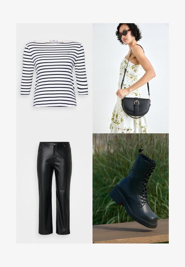 Navy and white striped t-shirt made of cotton, features three-quarter sleeves, a boat neck, and a small logo on the chest.; Black faux leather pants with a straight cut, featuring belt loops, front pockets, and a zip fly with a button closure. Smooth texture.; Black leather ankle boots with a round toe, lace-up front, and thick, chunky heel. Features detailed stitching and a smooth surface texture.; Black leather handbag with a curved shape, detachable strap, and gold hardware. The bag features a flap with a buckle detail.