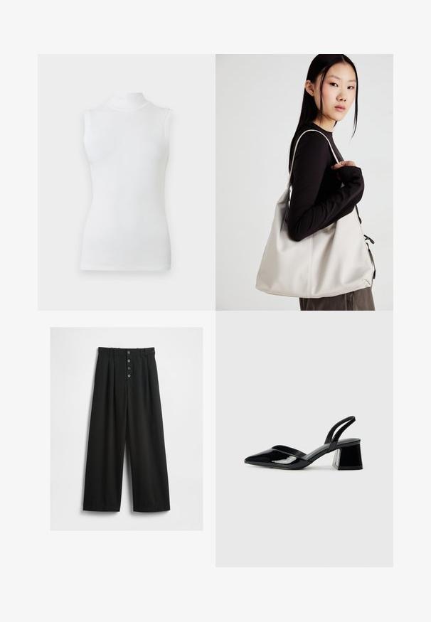 Bez piedurknēm, balts augsts kakls tops ar pieguļošu formu un gludu audumu uz vienkārša gaiša fona.; Platas kājas melni bikses, izgatavotas no teksturēta auduma. Iezīmēts augsts viduklis, piecu pogu priekšpusē ar aizdari, un nospiesti pleci papildu detaļai.; Melna lakota āda ar atvērto papēdi, ar smailu purngalu un ģeometrisku blokpapēdi. Iezīmējas elegants, minimāls dizains un gluda tekstūra.; Bežs rokassoma, izgatavota no mīksta materiāla, ar brīvu dizainu, izšūtu apdari un divām plecu siksnām. Piemērota ikdienas lietošanai.