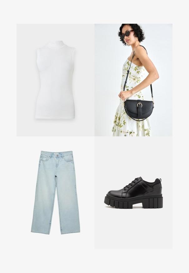 Bela brezrokavna majica z visoko ovratnikom, prilegajoče oblike in gladkega materiala na enobarvni svetli ozadju.; Svetlo modri široki jeans iz denima, z visokim pasom, petimi žepi in rahlim bledenjem. Ravno krojen s obdelanimi robovi.; Črne usnjene platforme z debelim blokastim petam, okroglo konico in klasičnim vezanjem. Imajo gladko teksturo in minimalne podrobnosti.; Črna usnjena torbica s ukrivljeno obliko, z odstranljivo naramnico in zlatimi dodatki. Torbica ima pokrov s podrobnostmi v obliki zaponke.