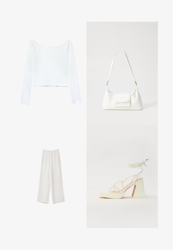 Witte lange mouw crop top met een off-the-shoulder halslijn. Gemaakt van een gladde, rekbare stof zonder zichtbare patronen of versieringen.; Witte wijde broek gemaakt van een lichte stof. Voorzien van een elastische tailleband met een trekkoord en zijzakken. Zachte textuur.; Witte hoge hakken sandaal met een chunky hak, met een bandjesontwerp en enkelband. Gladde textuur met een plateau voor extra hoogte.; Witte synthetische handtas met een driehoekige vorm, platte voorklep en strikdetail, verstelbare schouderriem, gladde textuur en minimalistisch ontwerp.