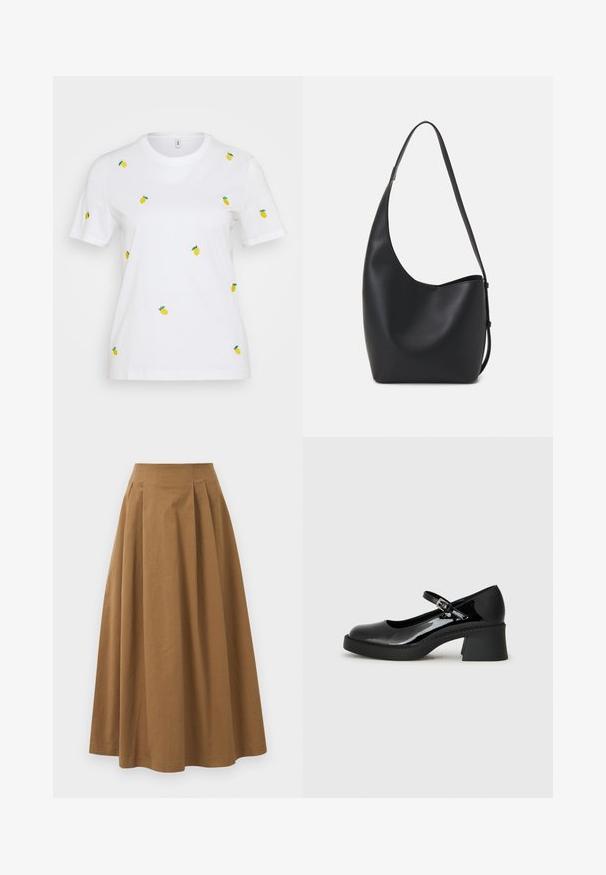 Λευκό βαμβακερό μπλουζάκι με κοντά μανίκια που διαθέτει διάσπαρτα κίτρινα κεντημένα λεμόνια με πράσινα φύλλα. Κλασική σχεδίαση με στρογγυλή λαιμόκοψη.; Καφέ βαμβακερή φούστα Α-γραμμής με ψηλή μέση, που διαθέτει πτυχές μπροστά και λεία υφή. Οι τελειώματα στο στρίφωμα είναι καθαρά και απλά.; Μαύρο παπούτσι Mary Jane από πατεντέ δέρμα με στρογγυλή μύτη, ρυθμιζόμενο λουράκι και χοντρό τετράγωνο τακούνι. Διαθέτει υφασμάτινη σόλα.; Μαύρη δερμάτινη tote τσάντα με λείο υφή, καμπύλο σχήμα και μία ρυθμιζόμενη ζώνη. Διαθέτει μεγάλη άνοιγμα στην κορυφή.