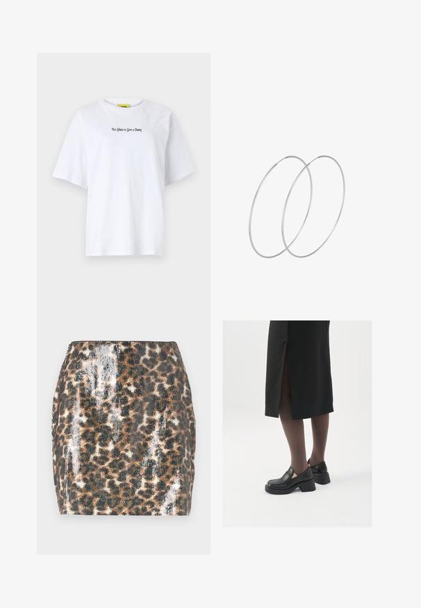 JJXX JXMILLOW LOOSE TEE - Trükipildiga T-särk - bright white; Leopardi mustriga mini-seelik, millel on sädelus, figuuri järgiv lõige, pruunid ja mustad värvid ning sirge äär.; Mustad mustad jalatsid ümmarguse varbaga, paksu plokkniidi ja elastsete külgdetailidega, kombineeritud tumedate sukkade ja musta lõhikuga seelikuga.; Hõbedased rõngastikkaehingad minimalistlikus disainis. Ümar kuju, sile tekstuur ja õhuke profiil. Kerged ning poleeritud viimistlusega.